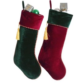 Gireshome Set of Two Burgundy & Green Velvet Vintage with Tassel Christmas Stocking, Xmas Tree Decor Festival Party Ornament -10"x18"