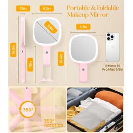 Gospire 6.8" Travel Vanity Mirror, 3-in-1 Hanging/Handheld/Desktop Use with Dual-Side Buttons, 1X/10X Magnification, 3-Color Dimmable LED, Auto Memory + Velvet Pouch (Pink)