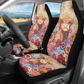 TOADDMOS Kawaii Highland Cow Car Seat Covers for Front Seats Bucket Seat Covers Boho Floral Decorative Car Interior Covers for SUV,Vans,Sedans,Trucks
