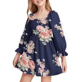 Girls Floral Ruffle Mini Dress Square Neck Lantern Sleeve Smocked Flower Chiffon Boho Sundress