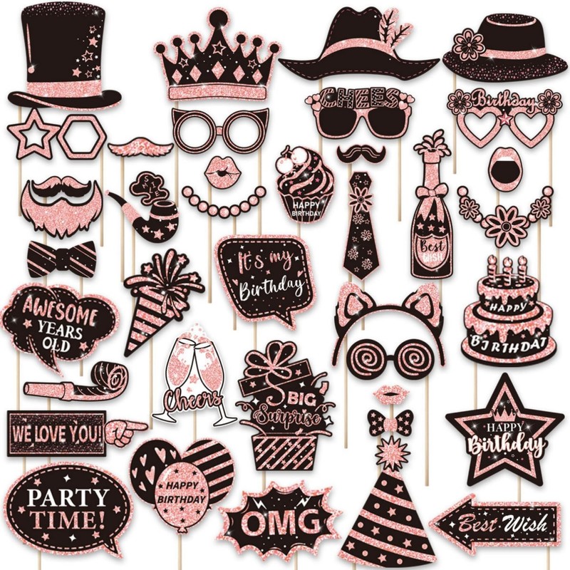 38 Pcs Birthday Photo Booth Props Kit-Pink