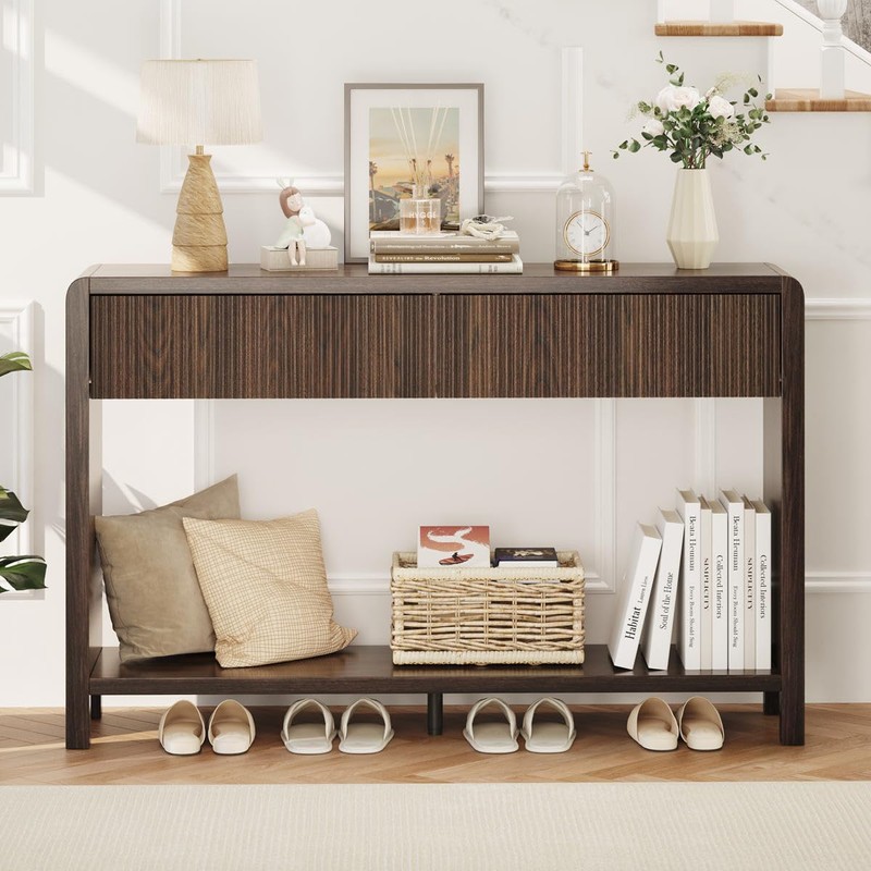 FATORRI Console Sofa Table with 2 Drawers, Wood Couch Table
