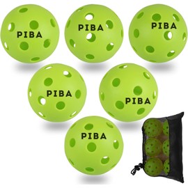 PiBa Sports Premium Indoor Pickleballs - Set of 6 Green Balls, Lightweight, 26 Holes, Includes Transport Net, Ideal for All Players