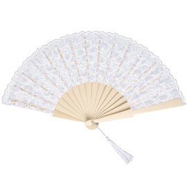 choyaxo choyaxo White Lace Handheld Fan Bamboo Silk Folding Fans for Women Wedding Decoration Dancing Party