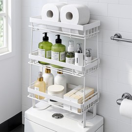 ShellKingdom Over The Toilet Storage Shelf, 3 Tier Toilet Paper Holder Stand Shelves, Punch-Free Bathroom Storage Rack with 2 Hooks, Small Space Organizers for Bathroom, Home, Countertop, White