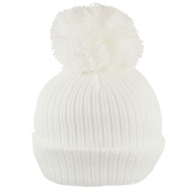 Faith & Sarah Kids Baby Pom Pom Hat Boy Girl - Fleece Lined Beanie Cap- Knitted Baby Bobble Hats White 3-6 Months