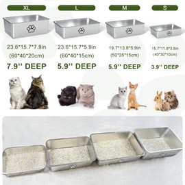 Stainless Steel Cat Litter Box High Side, XL Metal Litter Pan with Bling Paw, Kitten Toilet Pet Cleaning Tool for Big & Small Cats, Rabbits, Non-Stick, Splash-Proof, Odorless, White 19.7"x13.8"x5.9"