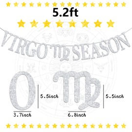 Virgo Banner de temporada, Feliz cumpleaños, Virgo Bunting Sign in Augest/Septiembre, Big Virgo Energy, 12 suministros de decoración de fiesta de cumpleaños con temática de constelación del zodiaco, purpurina plateada
