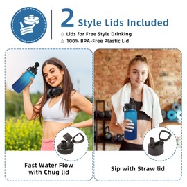 Volhoply 1 Litre Water Bottle with Straw Lid & Spout Lid,Insulated Sports Water Bottle,Double Wall Vacuum Stainless Steel Thermos,Leak Proof Wide Mouth Metal Flask,Keeps Cold or Hot(Green Blue,1)