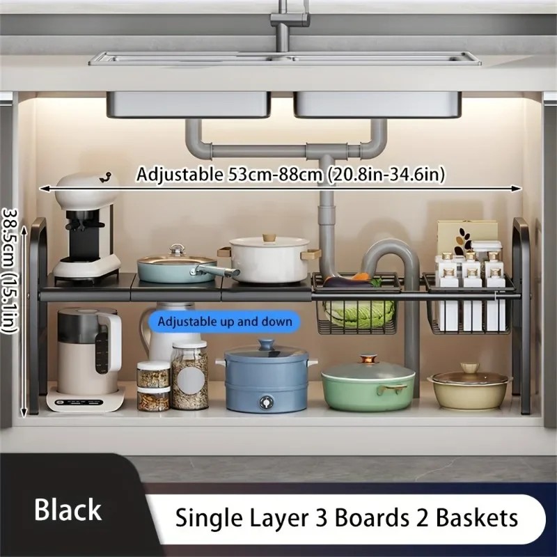 Expandable Under-Sink Organizer for Kitchen & Bathroom – Single-Tier 3-Panel
