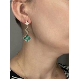 Malachite Three Flower Drop Dangle Earrings for Women with Cubic Zirconia in 925 Sterling Silver Friction Back by Lavari Jewelers