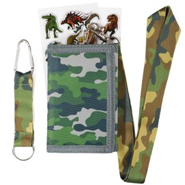 JONYEE Kids Wallet for Boys Girls 5-16, Boys Trifold Wallet with Lanyard and Zipper Coin Pocket for Kids Toddler Children, Novelty Sports Wallet with Stickers and Card Holder -Camo Green