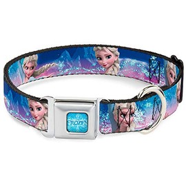 Buckle-Down Seatbelt Buckle Dog Collar - Elsa the Snow Queen Poses/Castle & Snowy Mountains Blue-Pink Fade - 1" Wide - Fits 15-26" Neck - Large