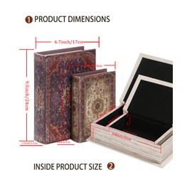 Decorative Wooden Book Box Set of 2 - Vintage Faux Book Boxes for Home Decor, Secret Storage with Magnetic Closure, Antique Style, Persian Rug Pattern Leather Cover, Perfect for Home Office Bookshelf