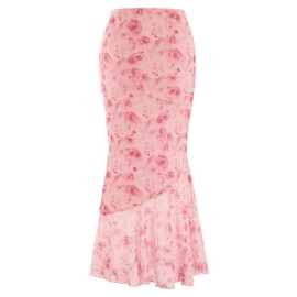 Verdusa Women's Floral Print High Waist Bodycon Ruffle Hem Fishtail Long Skirt Light Pink Medium