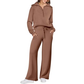 ANRABESS Women 2 Piece Outfits 2025 Fall Fashion Airport Wide Leg Pants Lounge Set Leisure Travel Vacation Clothes Sweatsuits Brown Medium