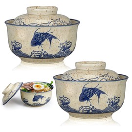 SiliFine Ramen Bowl Set of 2 Ceramic Ramen Bowl with Lid 25oz Microwave Clay Pot Traditional Japanese Tableware Korean Clay Pot for Christmas Soup Salad Meal Rice Home Office(Blue,Oatmeal,Stylish)