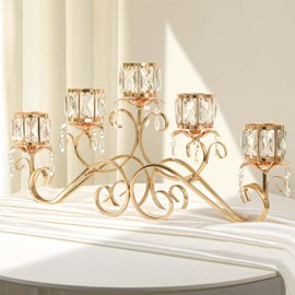 Kolnlala Large Elegant 5 Arms Crystal Bowl Tealight Candle Holder/Candelabra Crystal Votive, 5-arms Crystal Candlestick Holder for Table Centerpiece Wedding/Party Home Decor(Gold, 5-Arm)