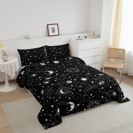 Sun and Moon Comforter,Black and White Starry Galaxy Comforter Set Full Size,Boho Hippie Constellation Bedding Set All Seasons Bedroom Down Duvet,1 Comforter&2 Pillowcase