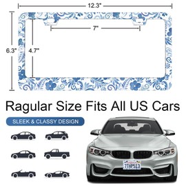 Cute License Plate Frames Retro Boho Flower License Plate Frame with Screws Blue Floral Metal Funny License Plate Cover Holder 6.3 X 12.3 inch for Car Decoration for Women Men LICEPLAME