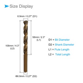 CoCud High Speed Steel Cobalt Twist Drill Bits, 6.9mm Diameter 108mm Length, Straight Twist Jobber Drill Bit - (Applications: for Metal Woodwork Plastic Aluminum), 3Pieces