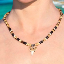 BlueRica Shark Tooth on Tiger Brown Coconut Shell Beads Necklace (18" 3L)