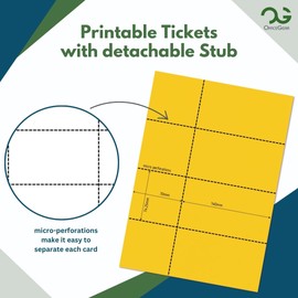 OfficeGear Yellow Event Tickets 4-up [55 Sheets 220 Tickets] 74mm x 210mm incl Stub Custom Printable A4 Card 160GSM, 4 Perforated Tickets/Sheet for Events, Raffles, Concerts - incl Design Template