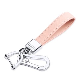 QBUC Genuine Leather Car Keychain,Universal Heavy Duty Metal Key Chain Accessories,Car Fob Key Keychain Holder with 360 Degree Rotatable Snap Swivel and Anti-Lost D-Ring for Men Women（Pink）