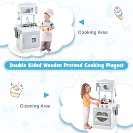 INFANS 2 in 1 Kids Play Kitchen and Restaurant, Double Sided Toddler Wooden Pretend Cooking Set with Stove Sink Microwave Storage Cabinet, Simulation Kitchen Toy Set for Boys Girls (Classic)