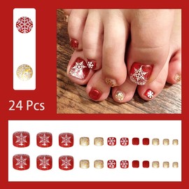 24 Pcs Christmas Press on Nails Short Square Winter Snowflakes Fake Toe Nails With Glitter Designs Red False Toenails Stick on Holiday Artificial Toe Decoration for Women Girl