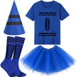 4Pcs Book Day Crayon Costume Set Including T-shirt Hat Socks Tutu Skirt for Kids for Story Book Day Dress Up for Cosplay Party Supplies (Blue, 7-8Years Old)
