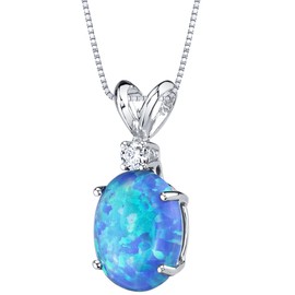 PEORA 14K White Gold Created Blue Opal with Genuine Diamond Pendant, Elegant Solitaire, Oval Shape, 10x8mm, 1 Carat total, October Birthstone Necklace, Fire Opal Necklace, w/Jewelry Box