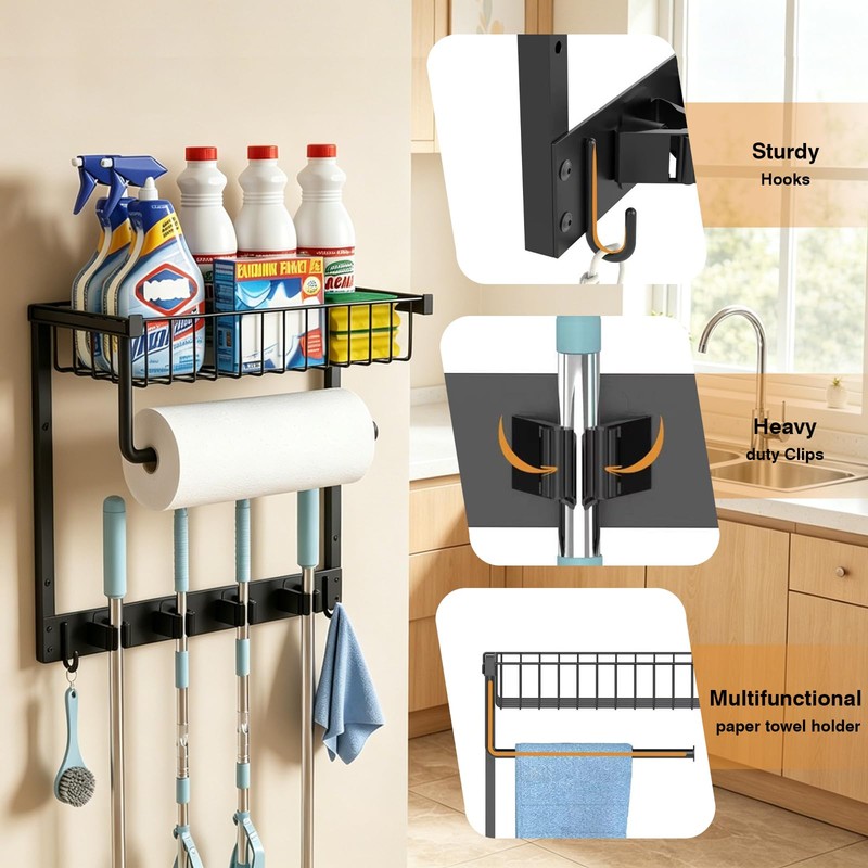 Broom Holder Wall Mount, Broom and Mop Organizer Wall Hanging