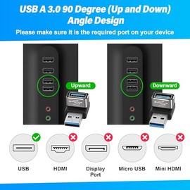 Adaptador USB 3.0 de 90 grados, paquete de 2, (arriba y abajo), ángulo recto, USB tipo A macho a hembra, en forma de L (OTG), extensor de conector compatible con carga y sincronización de datos (5