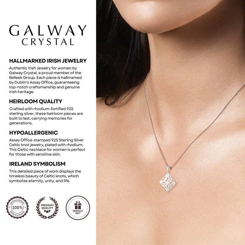GALWAY Celtic Knot Silver Pendant Necklace - Hypoallergenic Rhodium Plated