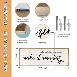 Today Only Happens Once Make It Amazing Wall Art Decor 32x12 Inch Large Inspirational Quote Sign Rustic Living Room Vintage Wood Frame Office Motivational Home Wall Hanging (Wood)
