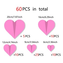 Valentines Day Wall Decorations Galentines Day 60 Pcs 3D Pink Heart Wall Stickers Waterproof Wall Decals for Wedding Anniversary Party Bedroom Home Offic Decor Express Love to Your Love One