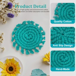 Car Coasters Cotton, 2 Pack Car Cup Holders Insert Car Coasters Boho Macrame Accessories Interior for Women and Man-Teal Blue