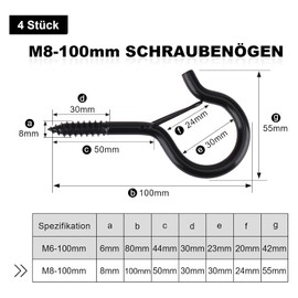 Pack of 4 Screw Hooks M8 Black, Hooks for Screwing Ceiling Hooks Heavy Duty with Screws, Screw Hooks with Safety for Hammocks, Awnings, Hanging Chairs, Rocking Chairs, Fixed Cable, Hanging Basket