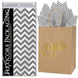Flexicore Packaging Natural Brown Kraft Paper Welcome Bags & Gray Gift Wrap Tissue Paper | Size: 8 Inch X 4.75 Inch X 10.5 Inch | Count: 5 Bags | Color: Gray Chevron