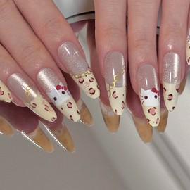 24 Pcs Almond Press on Nails Long - Fake Nails Almond Nail Tips Acrylic Press on Nails Yellow Press on Nails Full Cover Nail Tips Cat Eye Press on Nails Y2k Nails Flowers Cat Designs for Girls