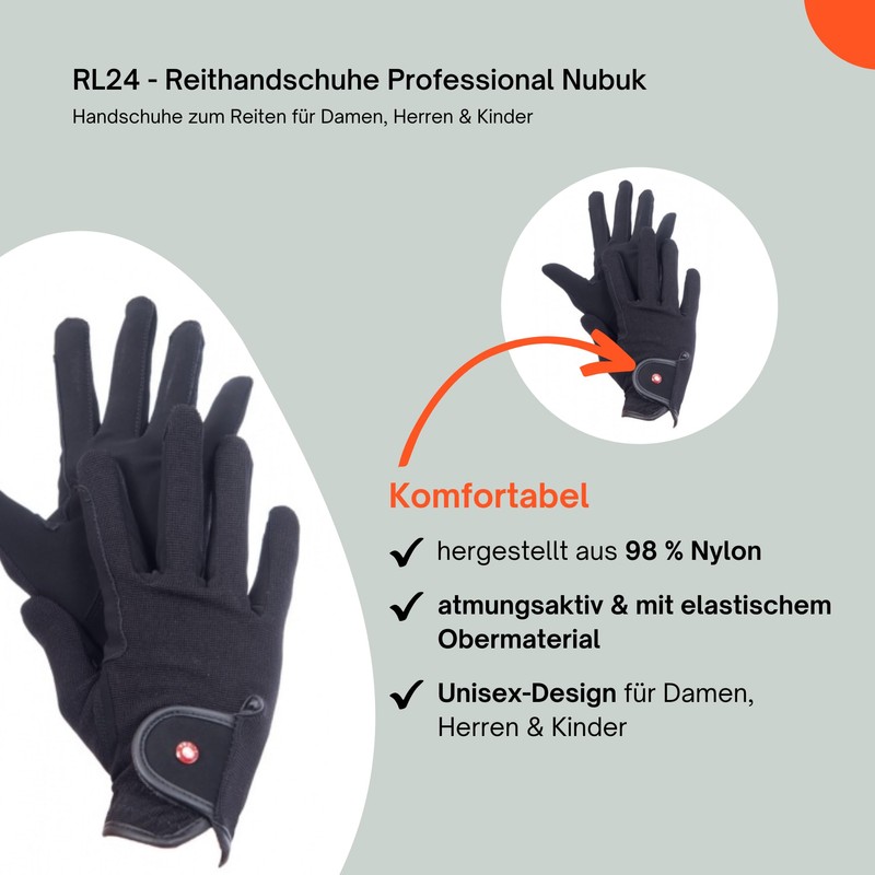 HKM by Reiterladen24 Professional Riding Gloves, Nubuck Imitation Leather, black,