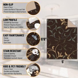 Ottomanson 5' x 6'6" Rugs for Living Room Leaves Area Rug for Bedroom - Non Slip Durable Large Floor Carpet for High Traffic Areas - Indoor Rug for Dining Room Kitchen Kids Playroom, Brown