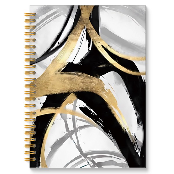 ROXMART Abstract Black and Gold Spiral Notebook, Modern Minimalist Boho