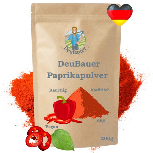 DeuBauer® Sweet Paprika from Germany – Fruity Smoky Mild Taste – Fine Ground Pepper Powder Fine Sweet Hungarian – Perfect for Stews, Sauces, Meat 200 g