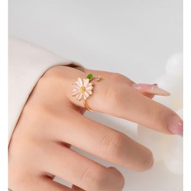 IMINI Pink Daisy Flower Ring for Women 14K Gold Plated Green Leaf Cubic Zirconia Wrap Finger Flower Open Statement Ring Promise Engagement Rings Fashion Jewelry Gifts