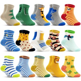 DECOVICI Toddler Grip Socks 15 Pairs, Kids Boys Girls Non Slip Socks with Grips 1-7 Years, Cartoon Grippy Anti Slip Crew Sock(01 Crocodile,1-3 Years)