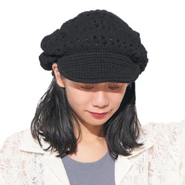 Women's Vintage Lace Beret with Visor, A Handmade 100% Cotton Sun Hat & Summer Raffia Crochet Cap Black