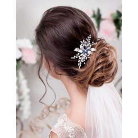 BERYUAN Women Sapphire Crystal Blue Flower Headpiece Leaf Pearl Hair Vine Comb Silver Wedding Hair Accessory Gift for Her Party Headpiece for Bride Bridesmaid Girls (silver)