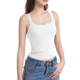 AURUZA Tank Tops for Women, Square Neck Tank Top Double Lined Basic Tops Sleeveless Workout Summer Shirts (White, M)